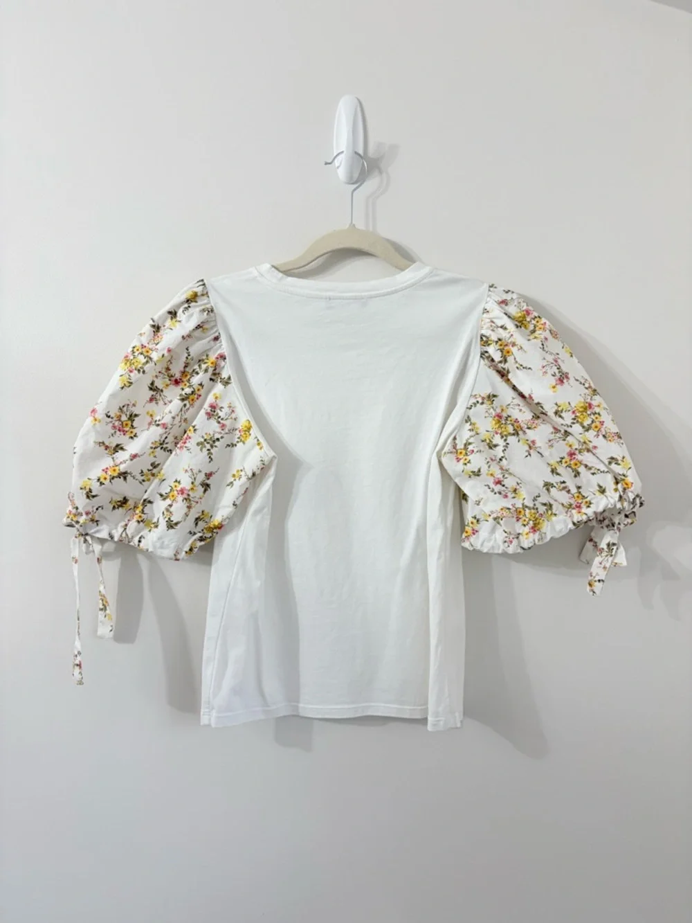 ZARA Poplin Floral Puff Sleeve White T-Shirt Womens S Cottagecore Feminine Boho - Picture 4 of 5